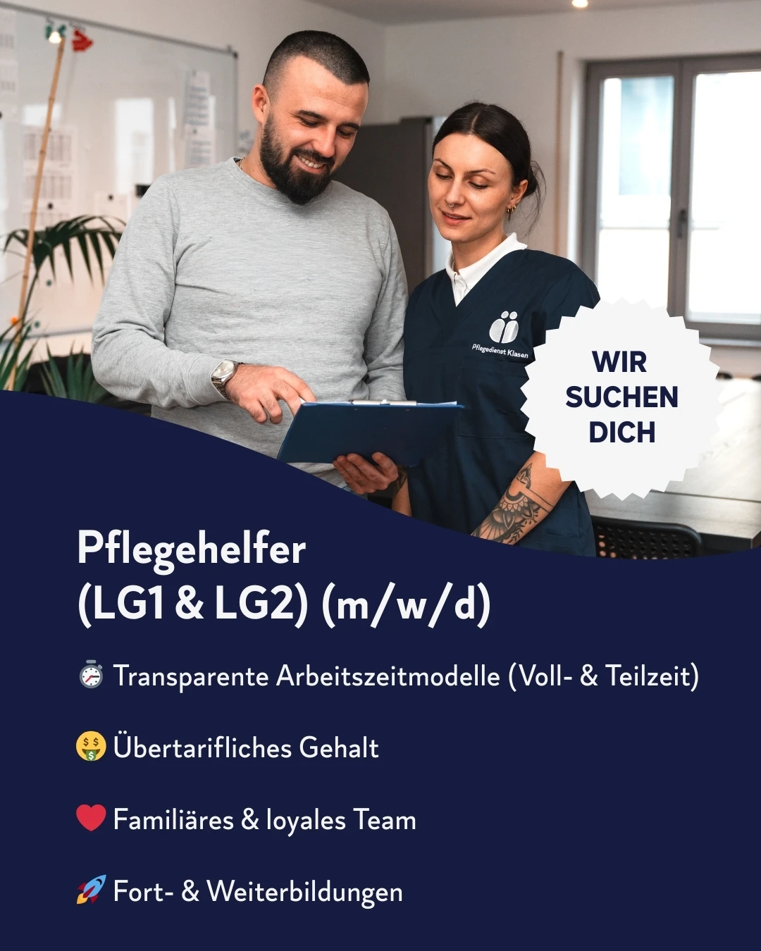 Pflegehelfer bei Pflegedienst Klasen: Transparente Arbeitszeitmodelle und familiäres Team suchen neuen Mitarbeiter.