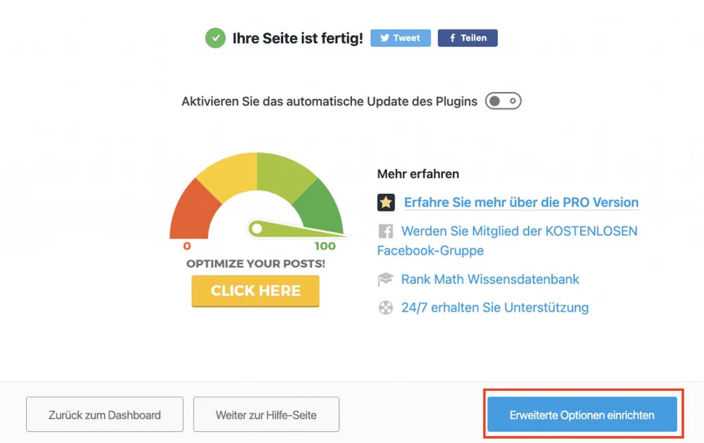 Screenshot: Basic SEO-Setup in Rank Math abgeschlossen