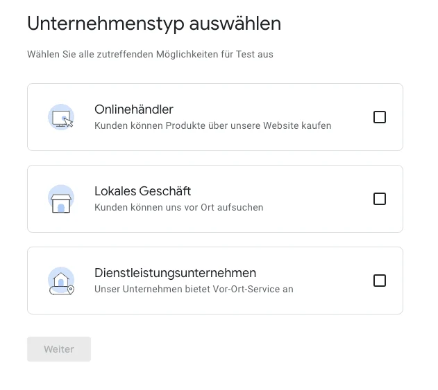 Screenshot: Unternehmensart bei Google My Business auswählen