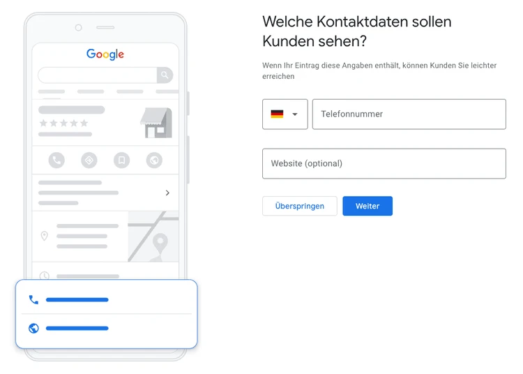 Screenshot: Kontaktdaten im Google My Business Eintrag hinterlegen