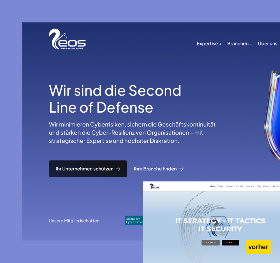 Website von eos: Cyber-Sicherheitslösungen und strategische Expertise für Unternehmen.
