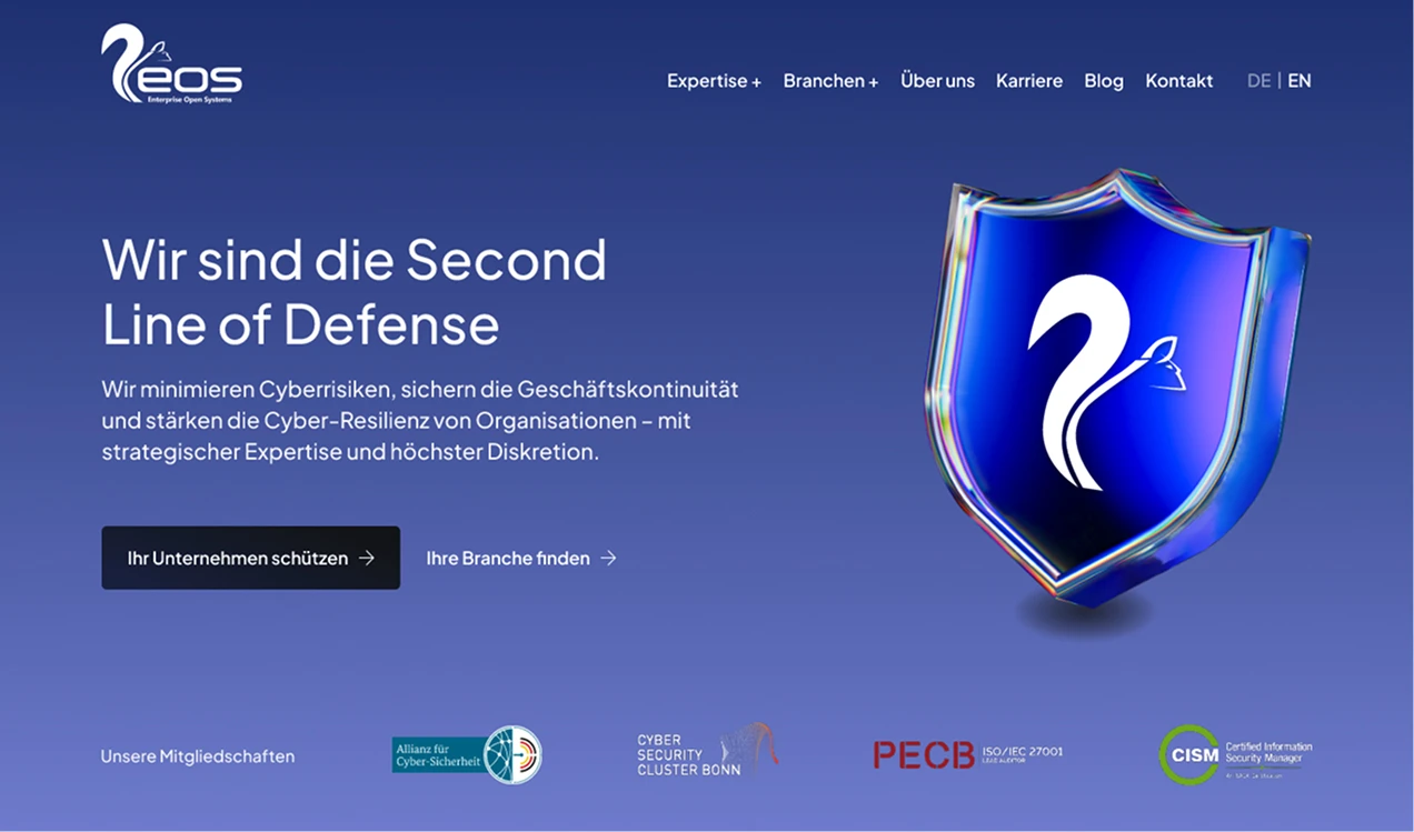 Cyber-Schutzschild von eos für Geschäftsresilienz und Sicherheit in der digitalen Welt.