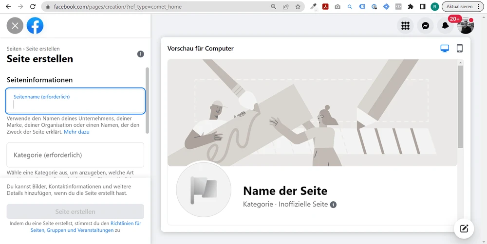 Screenshot: Die Eingabemaske der Facebook-Seitenerstellung mit Feldern für Name und Kategorie