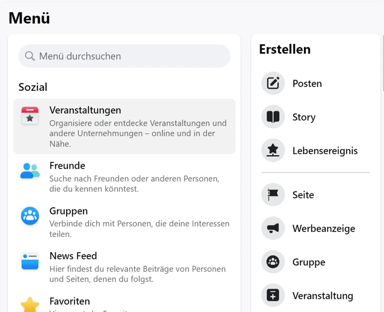 Screenshot: Das Menü in Facebook, über das eine neue Seite erstellt wird