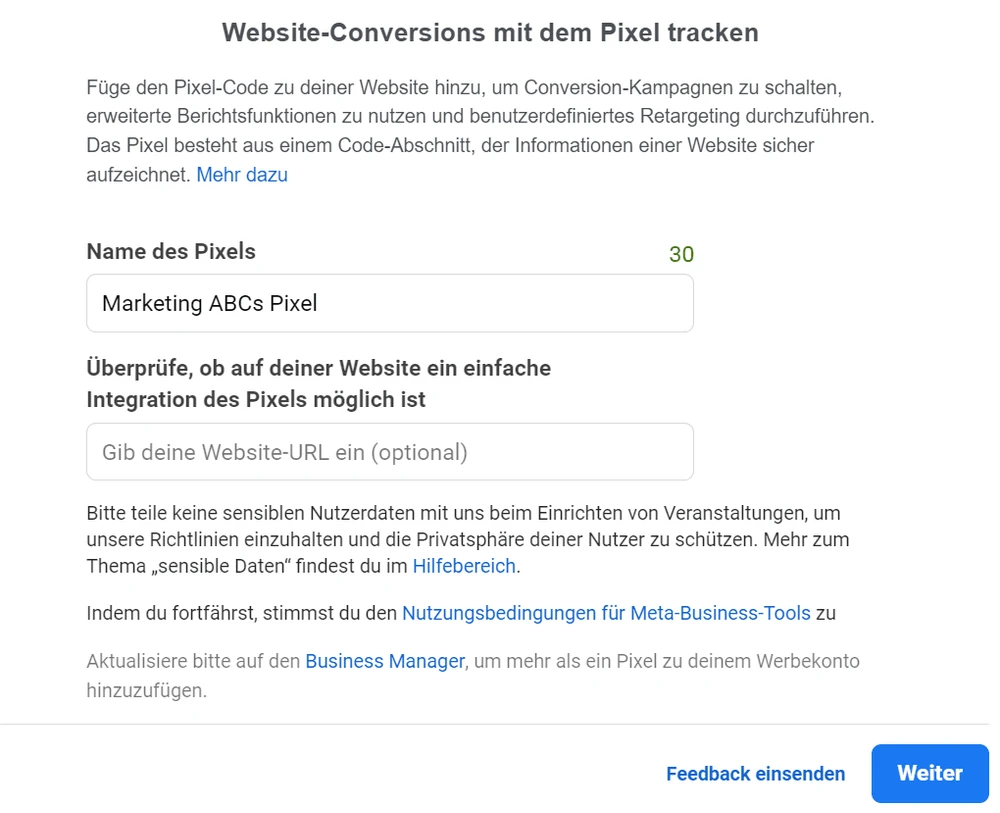 Screenshot: Conversions-Einstellungen des Facebook Pixel – Ansicht 2