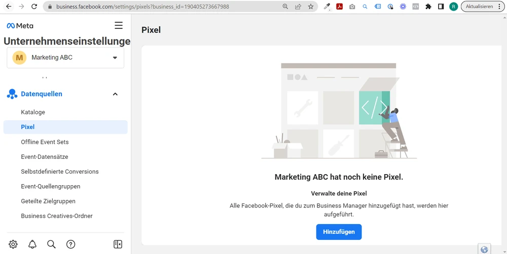 Screenshot: Facebook Pixel im Business Manager einrichten – Ansicht 1