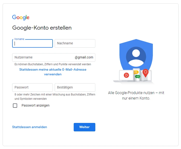 Screenshot: Google Konto erstellen – Ansicht 1
