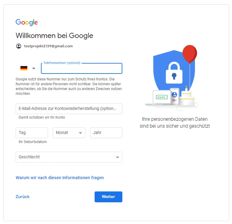 Screenshot: Google Konto erstellen – Ansicht 2