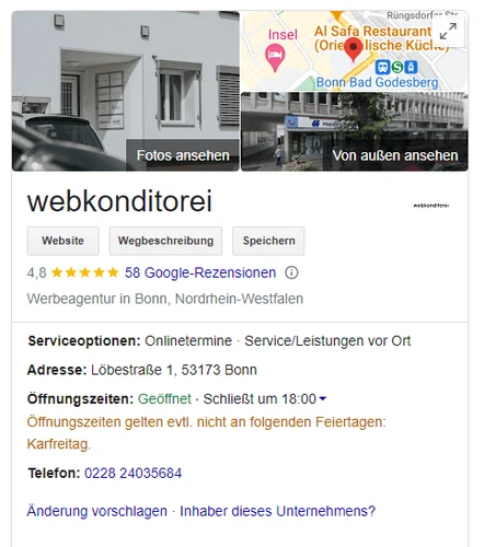 Screenshot: Google My Business Eintrag der webkonditorei als Beispiel für ein Unternehmensprofil