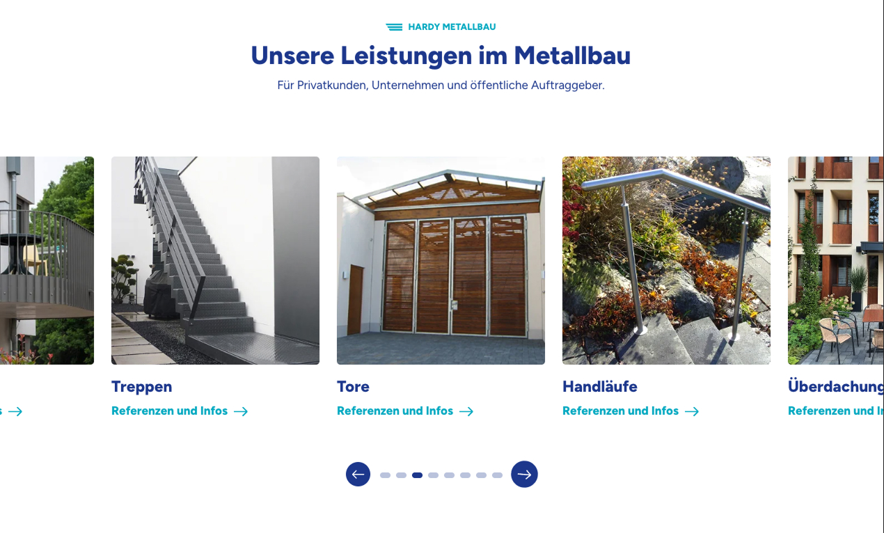 Leistungen im Metallbau: Treppen, Tore, Handläufe und Überdachungen für Privatkunden und Unternehmen.