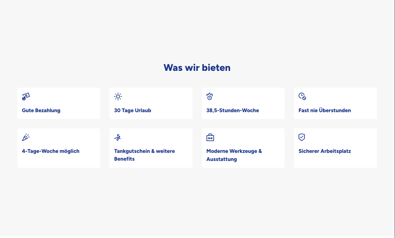 Informationen zu Vorteilen wie guter Bezahlung, Urlaub und moderner Ausstattung für Mitarbeiter.