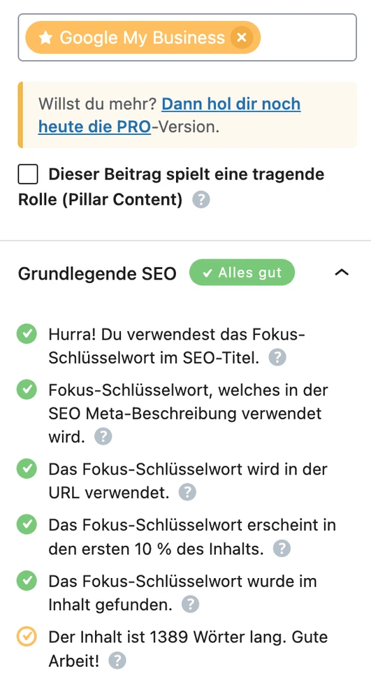 Screenshot: Keyword-Optimierung in Rank Math