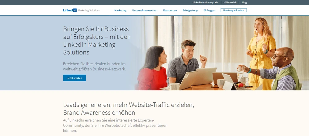 Screenshot: Startseite von LinkedIn Marketing Solutions als Einstieg in den Kampagnenmanager
