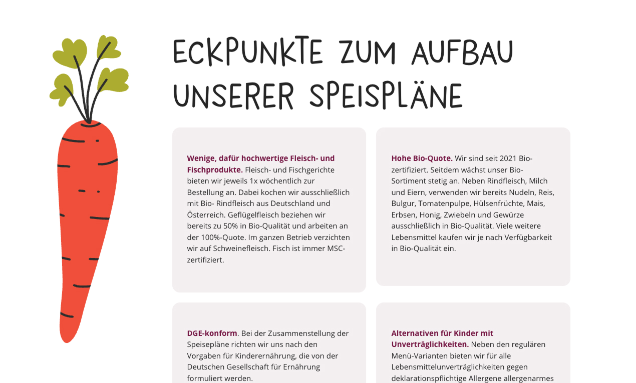 Eckpunkte zum Aufbau von Speiseplänen mit Fokus auf hochwertige Bio-Fleisch- und Fischprodukte.
