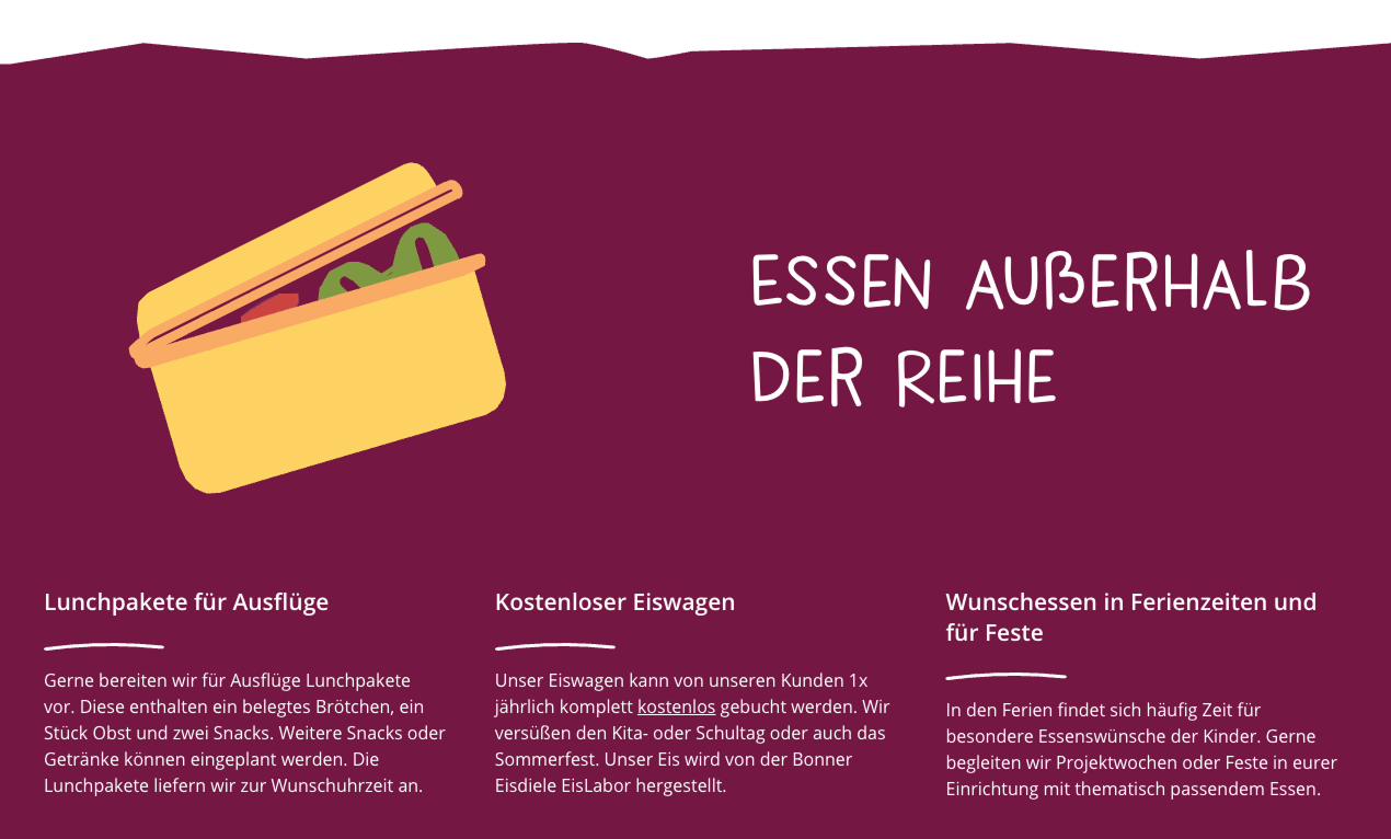 Lunchpakete für Ausflüge und besondere Essenswünsche in Ferienzeiten und Feste.