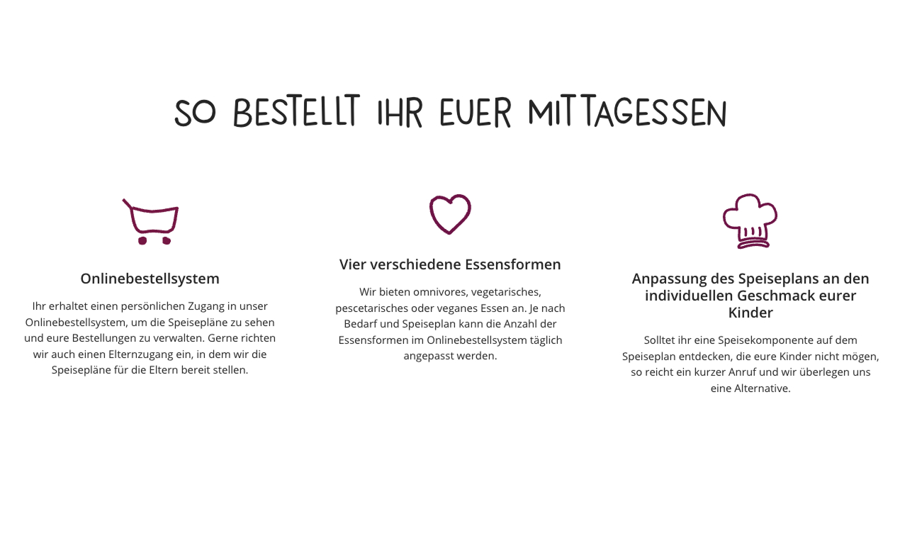 Onlinebestellsystem für individuelle Mittagsessen mit Anpassungsmöglichkeiten für Kinder und verschiedenen Essensformen.