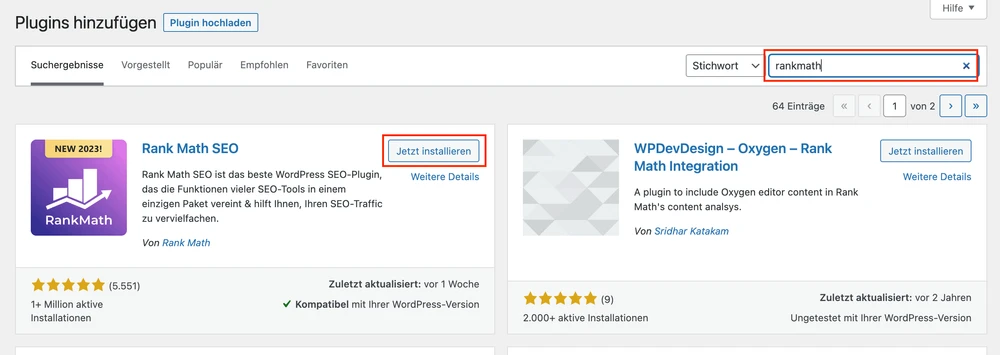 Screenshot: Rank Math suchen und installieren