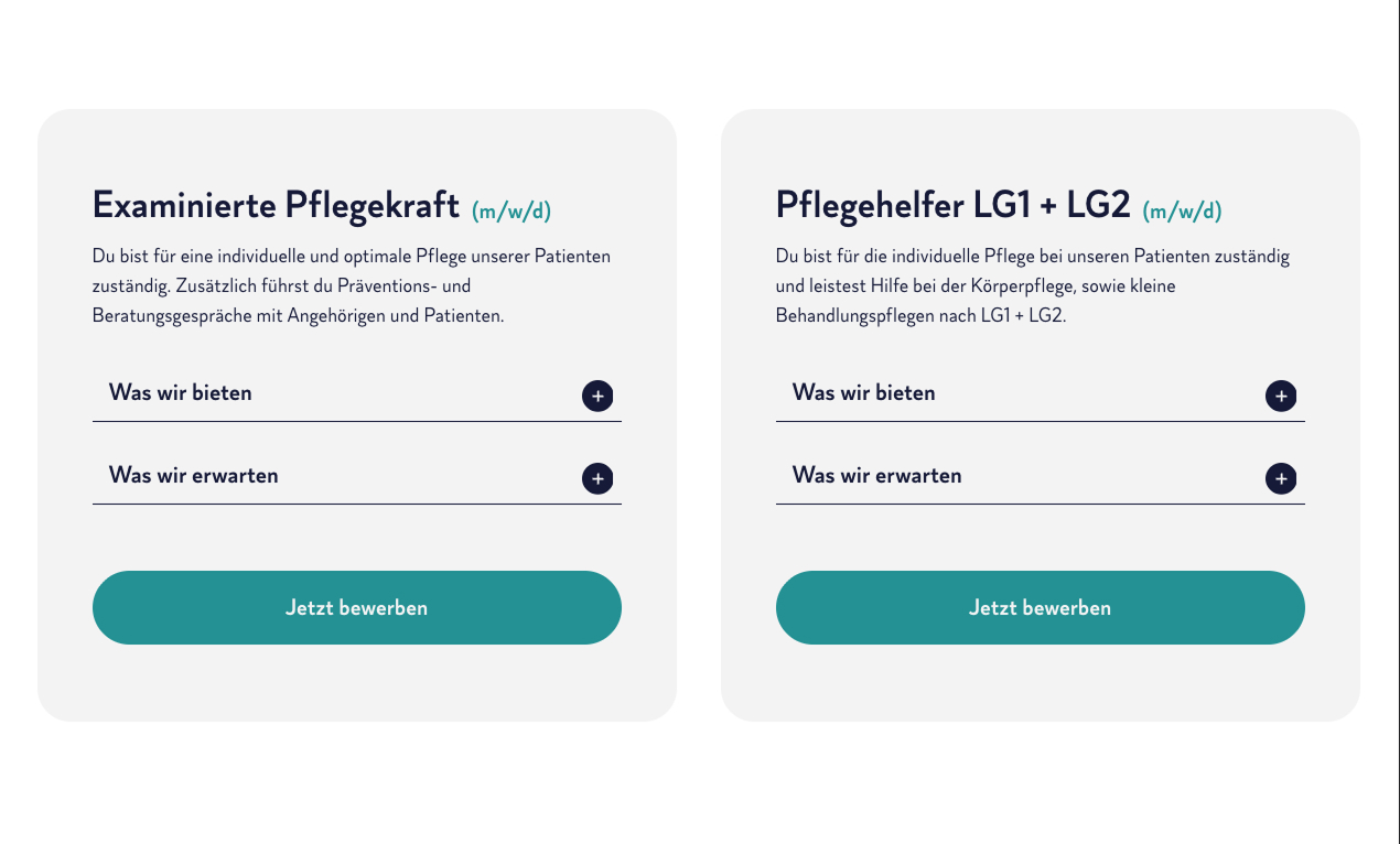 Stellenanzeige für examinierte Pflegekräfte und Pflegehelfer in der Gesundheitsbranche.