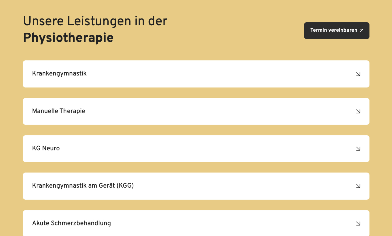Leistungen der Physiotherapie: Krankengymnastik, manuelle Therapie, KG Neuro und Schmerzbehandlung.