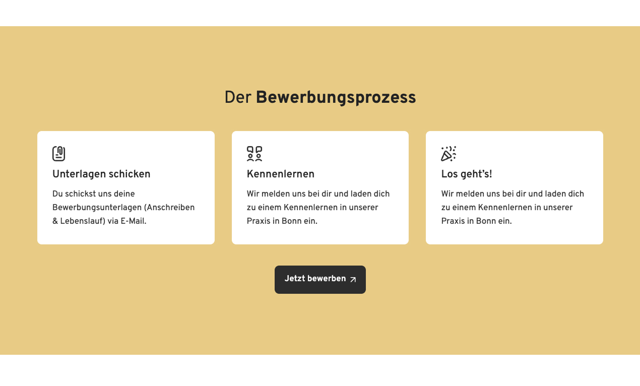 Der Bewerbungsprozess mit Schritten: Unterlagen schicken, Kennenlernen und Loslegen in Bonn.