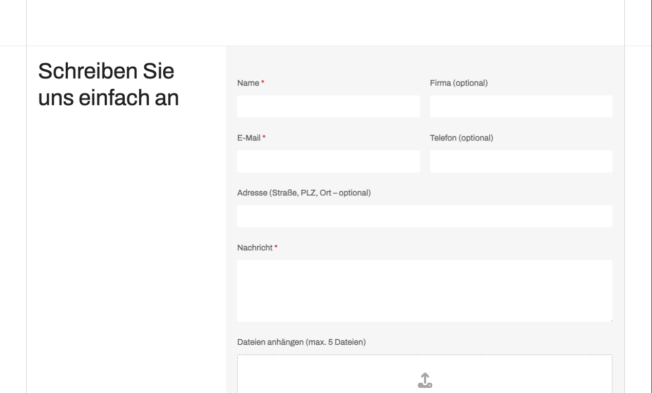 Kontaktformular mit Feldern für Name, E-Mail, Adresse und Nachricht. Einfach ausfüllen und absenden.