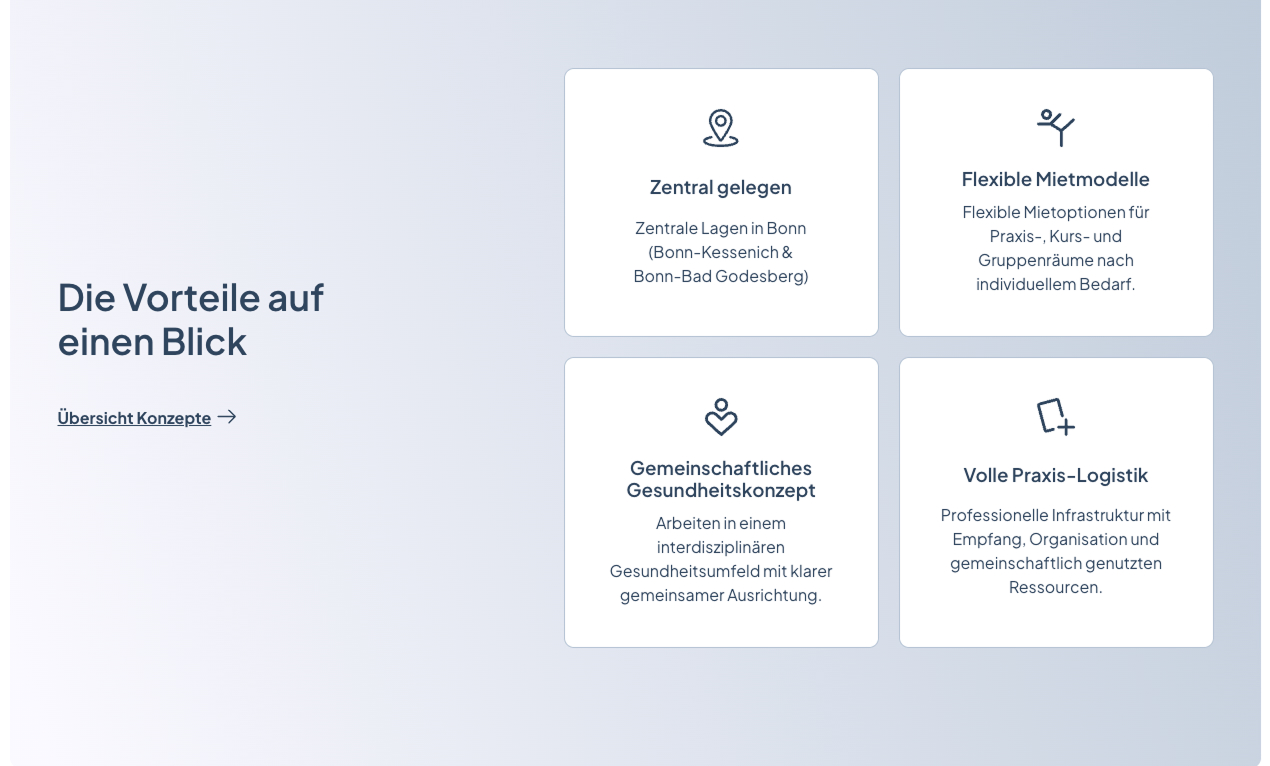 Vorteile eines Gesundheitszentrums in Bonn: zentrale Lage, flexible Mietmodelle, gemeinschaftliches Konzept, umfassende Logistik.