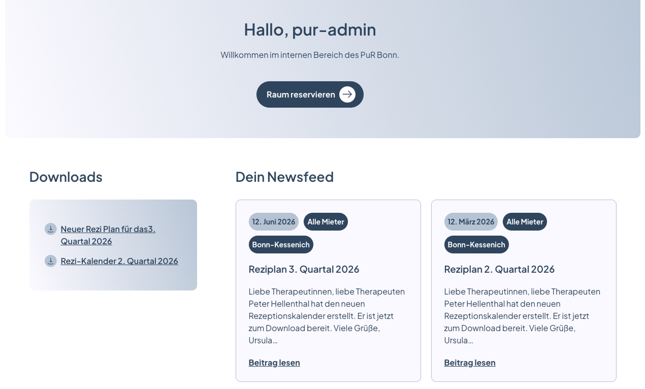 Willkommen im internen Bereich des PuR Bonn mit Downloads und Newsfeed für Mieter.