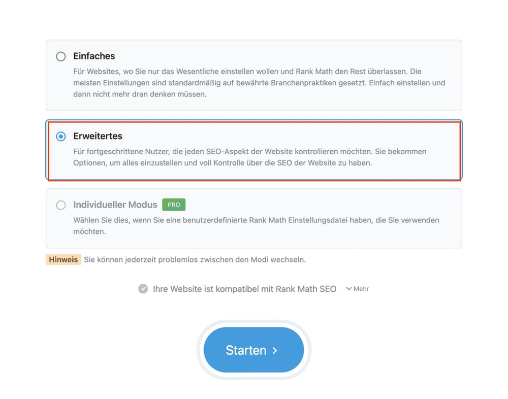Screenshot: Rank Math Assistent – Schritt 1