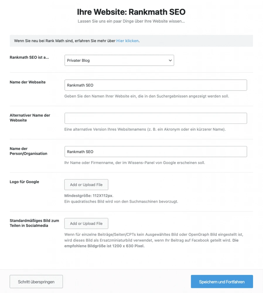 Screenshot: Rank Math Assistent – Schritt 2, allgemeine Infos