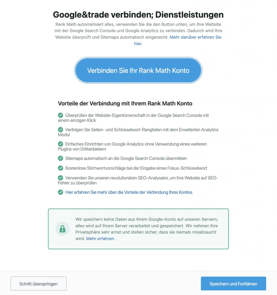 Screenshot: Rank Math Assistent – Schritt 3, Google verbinden