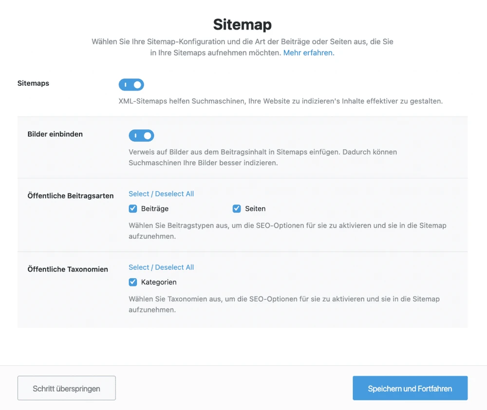 Screenshot: Rank Math Assistent – Schritt 4, Sitemap generieren
