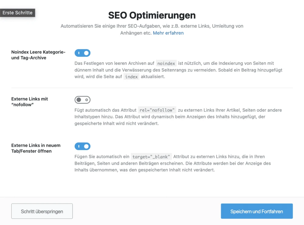 Screenshot: Rank Math Assistent – Schritt 5, Link-Einstellungen