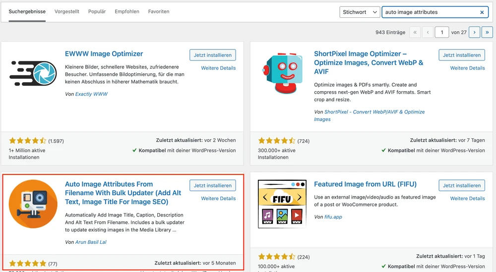 Screenshot: Schritt 1: Plugin suchen – WordPress – automatisch ALT-Tags und Bilder-Metas generieren