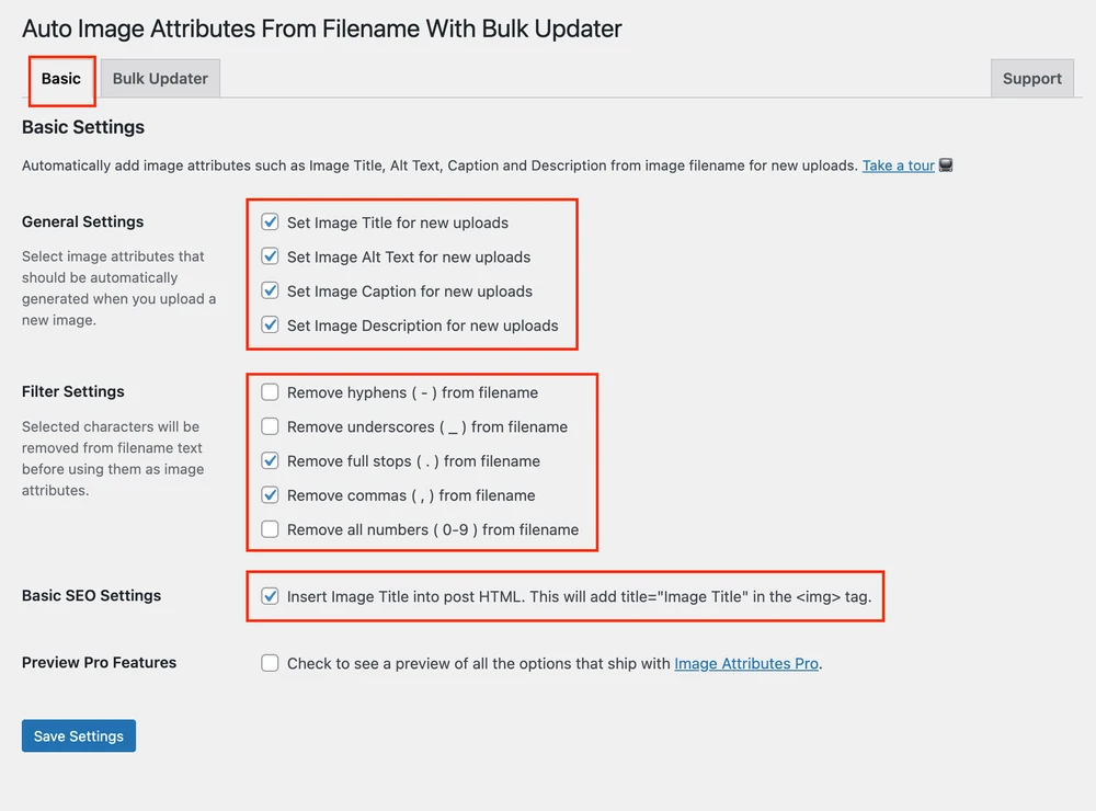 Screenshot: Schritt 2: Basic Einstellungen aufsetzen – WordPress – automatisch ALT-Tags und Bilder-Metas generieren