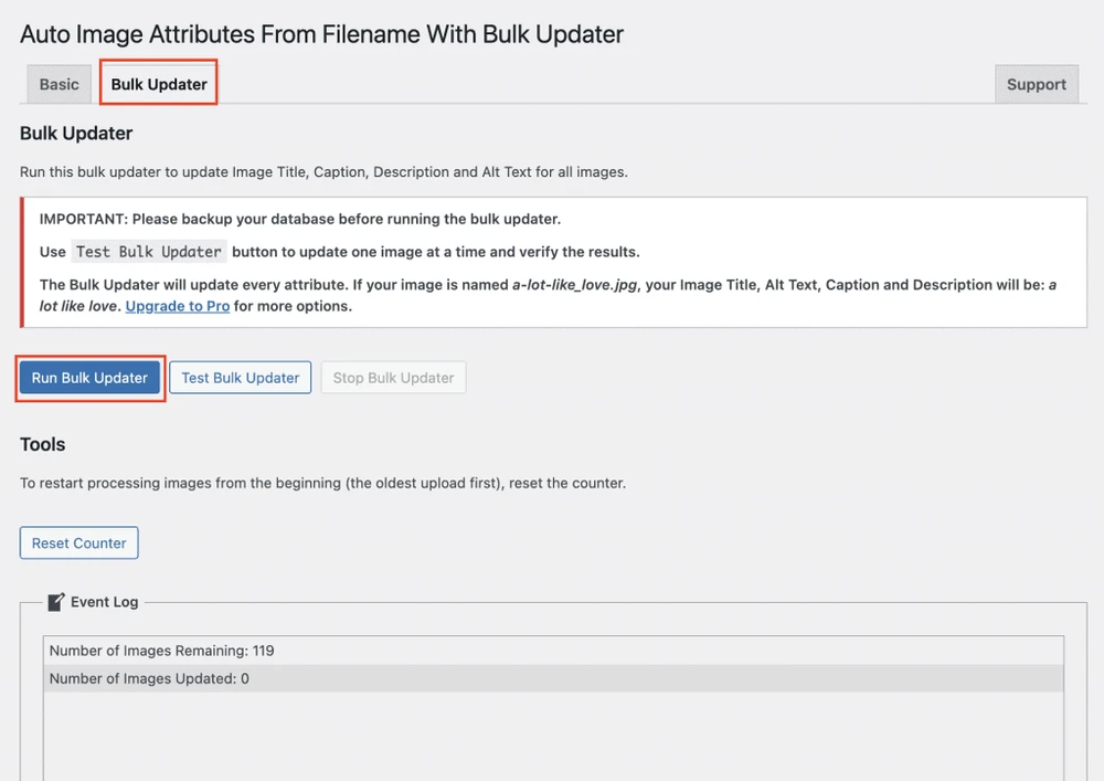 Screenshot: Schritt 3: Image Attribute generieren lassen – WordPress – automatisch ALT-Tags und Bilder-Metas generieren