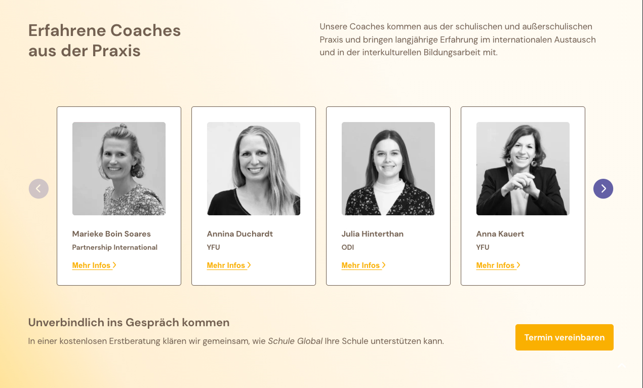 Erfahrene Coaches aus der Praxis für internationale Bildung und interkulturellen Austausch.