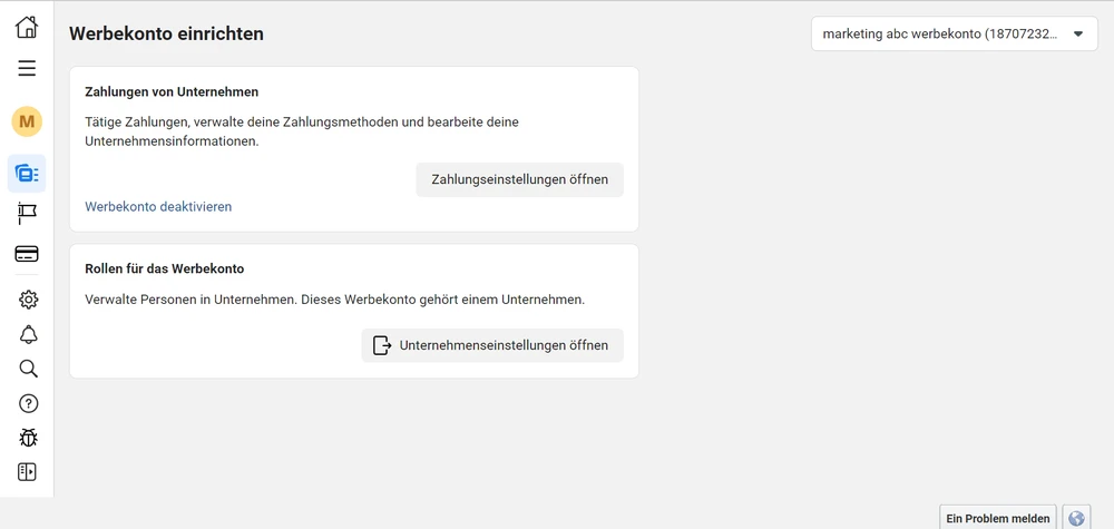 Screenshot: Zahlungsmethode hinzufügen im Werbekonto – Ansicht 1
